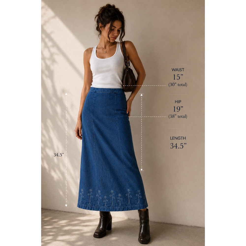 Jaclyn Smith Sport Vintage 90s Denim Long Skirt Embroidered Floral Blue Medium - Picture 2 of 10